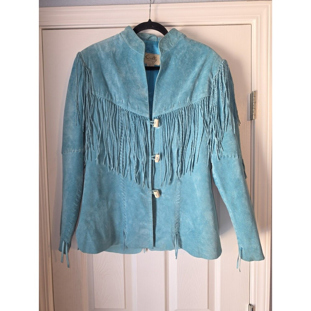 Scully Womens Turquoise Suede Fringe Coat Size L Western Cowgirl Festival